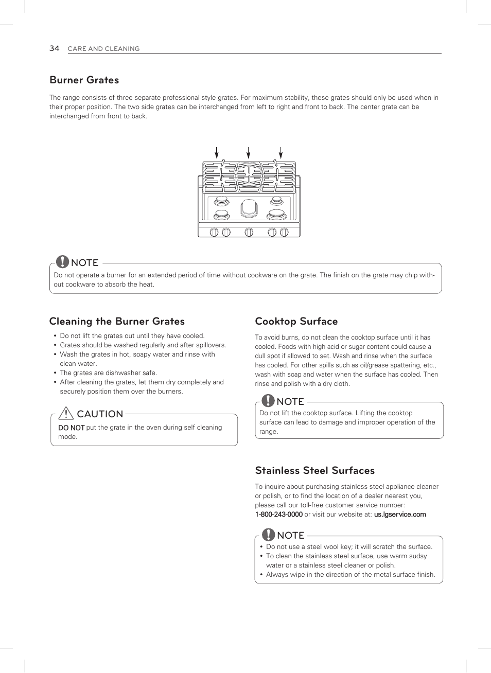Burner grates, Cleaning the burner grates, Cooktop surface | Stainless steel surfaces, Caution | LG LSRG309ST User Manual | Page 34 / 92