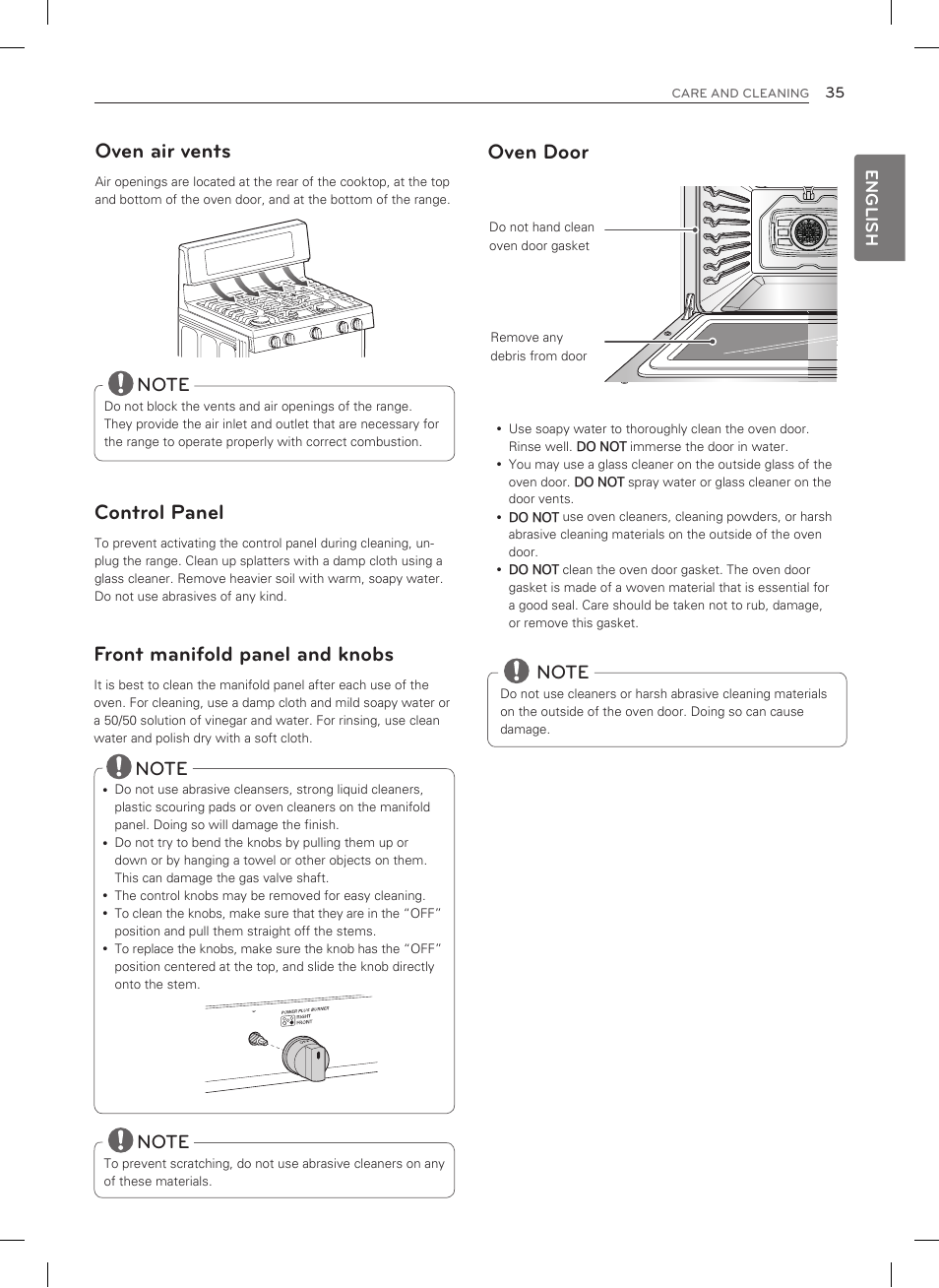 Oven air vents, Front manifold panel and knobs, Oven door | Control panel | LG LSRG309ST User Manual | Page 35 / 92