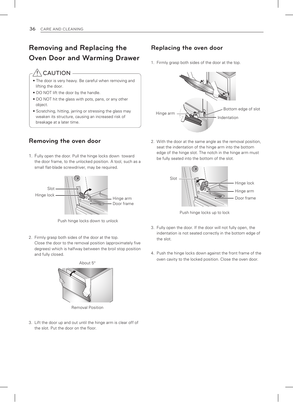 Removing the oven door, Replacing the oven door, Caution | LG LSRG309ST User Manual | Page 36 / 92