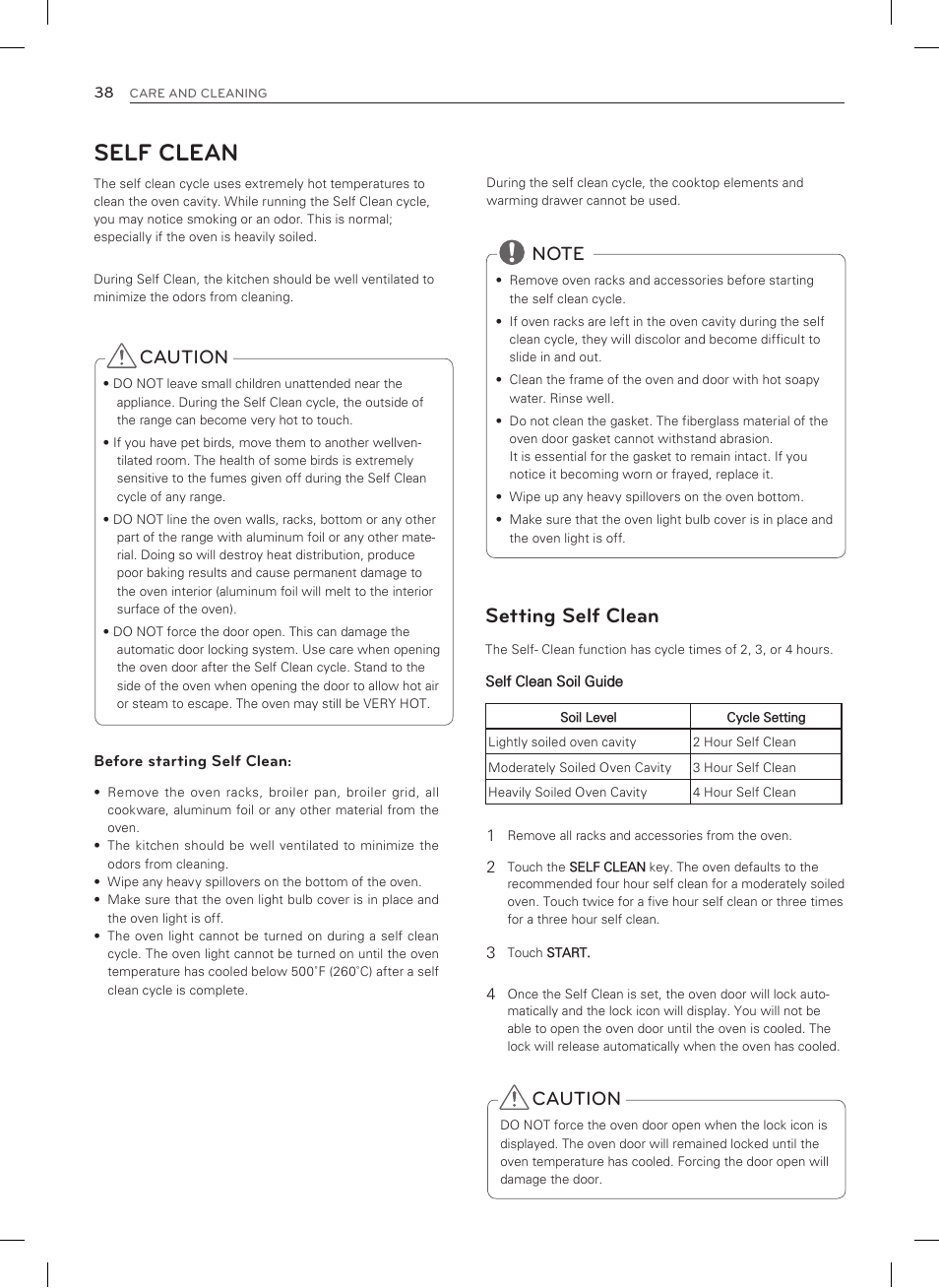 Self clean, Setting self clean, Caution | LG LSRG309ST User Manual | Page 38 / 92