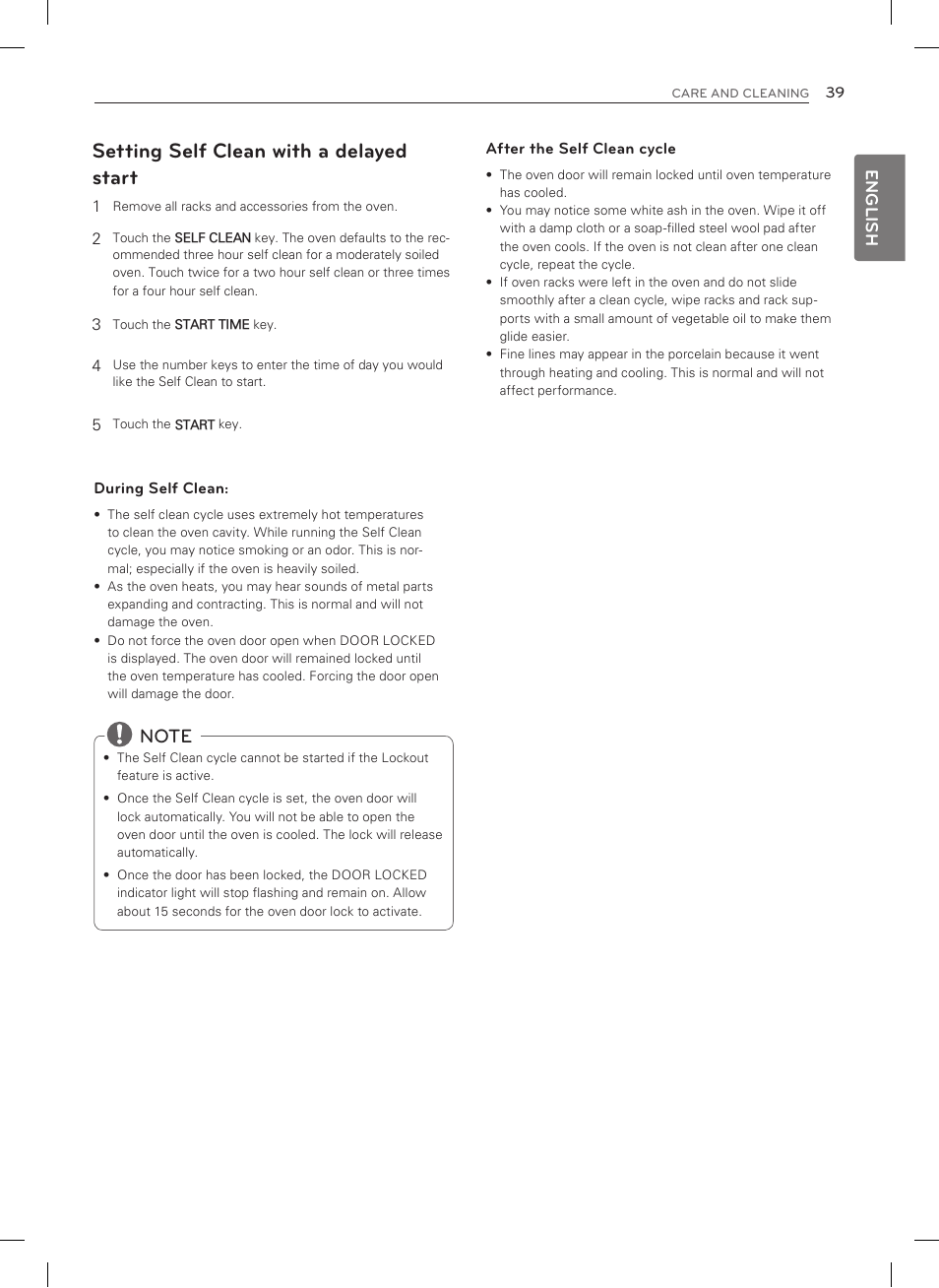 Setting self clean with a delayed start, English | LG LSRG309ST User Manual | Page 39 / 92