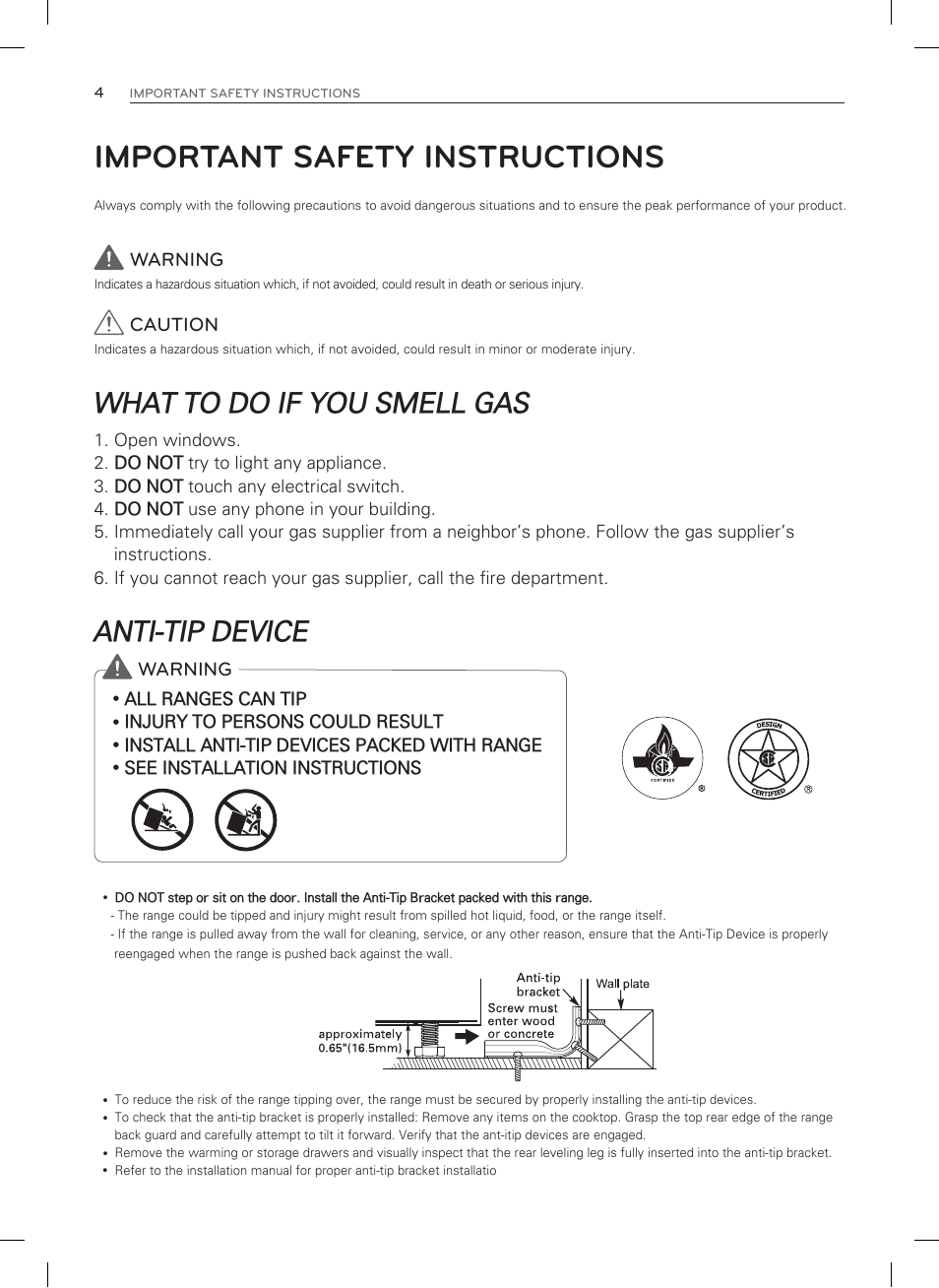 Important safety instructions, What to do if you smell gas, Anti-tip device | LG LSRG309ST User Manual | Page 4 / 92