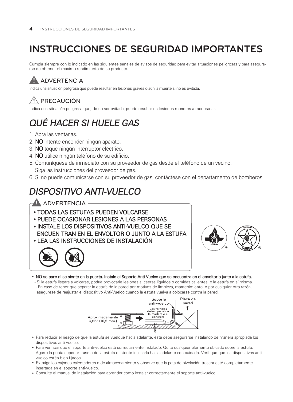 Instrucciones de seguridad importantes, Qué hacer si huele gas, Dispositivo anti-vuelco | Advertencia, Precaución | LG LSRG309ST User Manual | Page 48 / 92