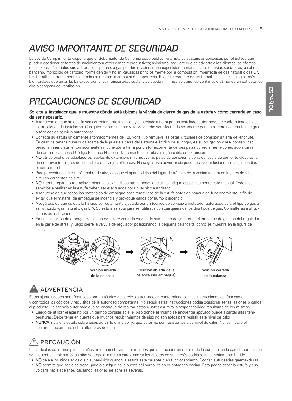 Aviso importante de seguridad, Precauciones de seguridad, Advertencia | Precaución, Esp añol | LG LSRG309ST User Manual | Page 49 / 92