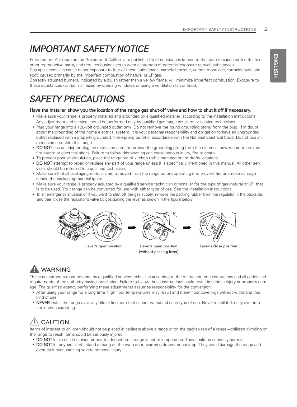 Important safety notice, Safety precautions, Warning | Caution, English | LG LSRG309ST User Manual | Page 5 / 92