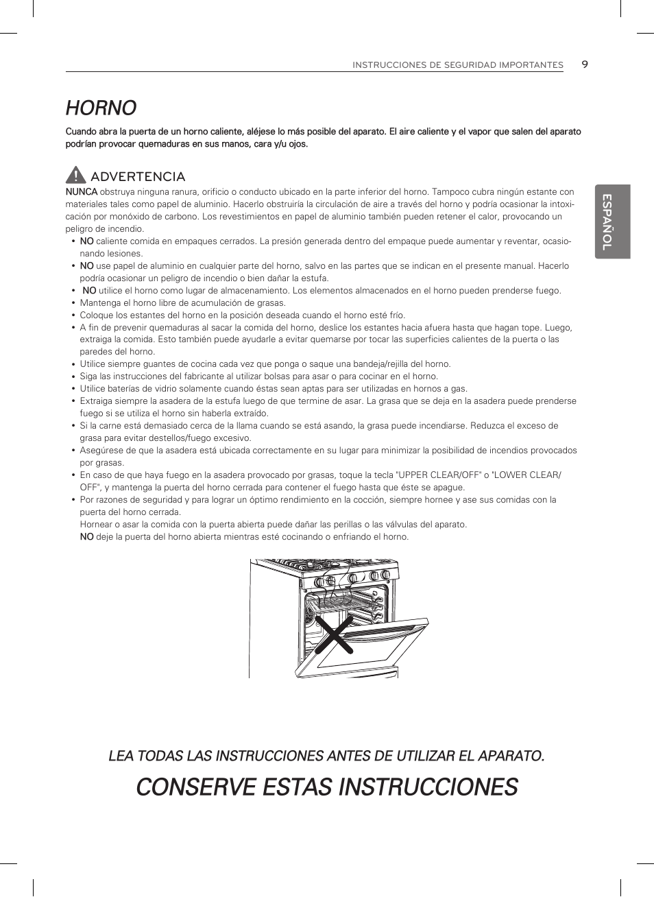 Conserve estas instrucciones, Horno, Advertencia | Esp añol | LG LSRG309ST User Manual | Page 53 / 92