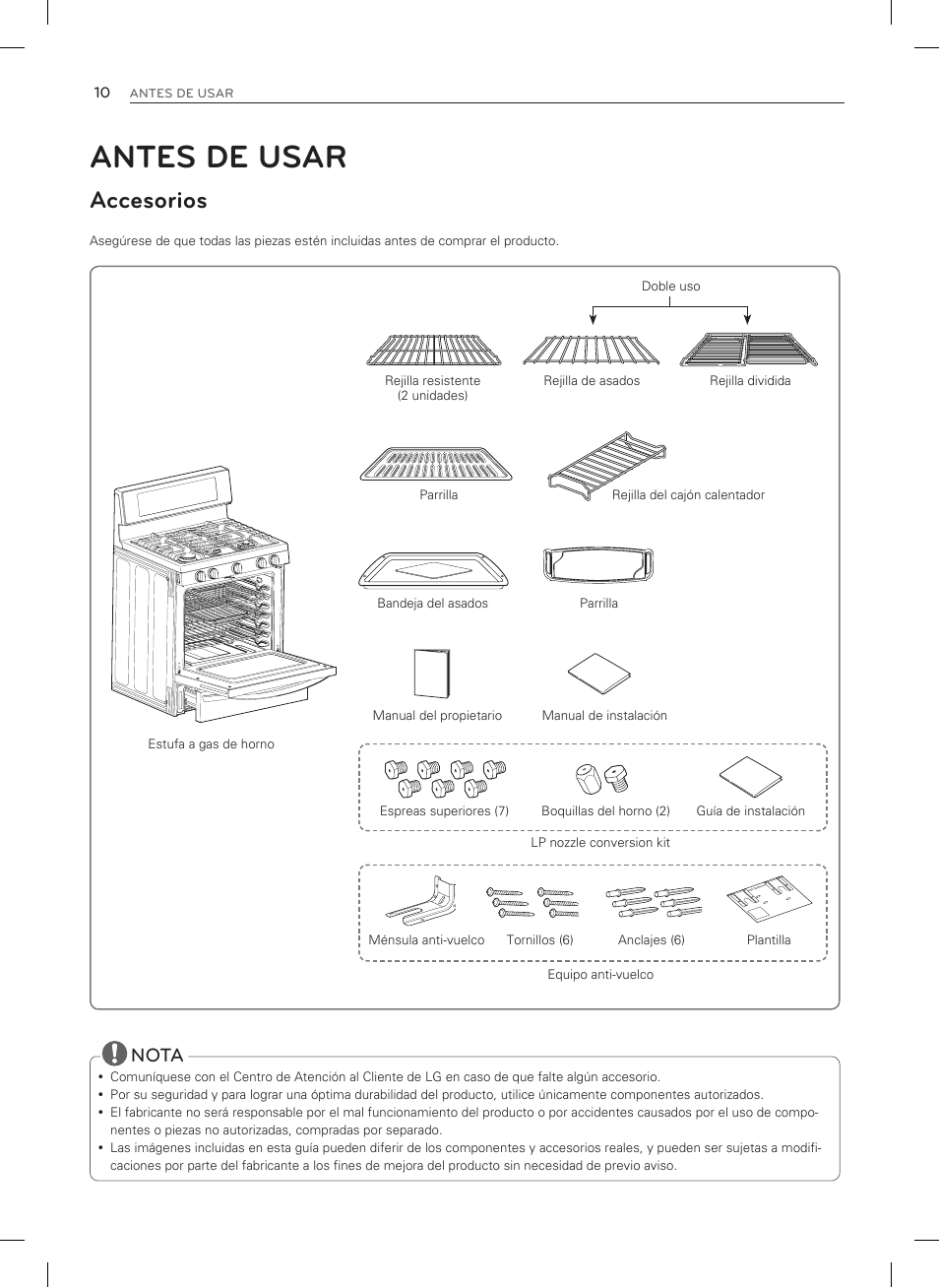 Antes de usar, Accesorios, Nota | LG LSRG309ST User Manual | Page 54 / 92