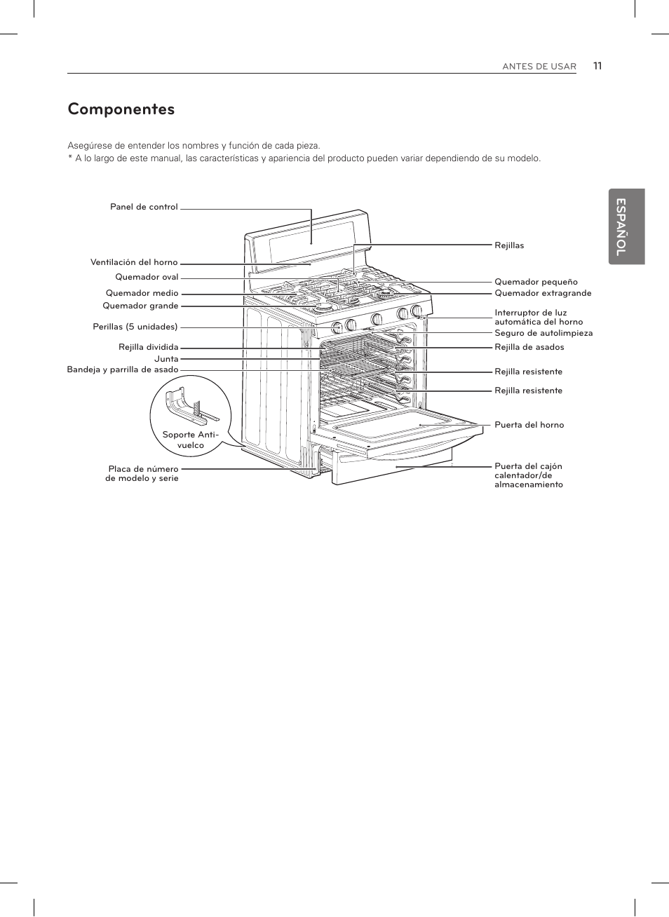 Componentes, Esp añol | LG LSRG309ST User Manual | Page 55 / 92