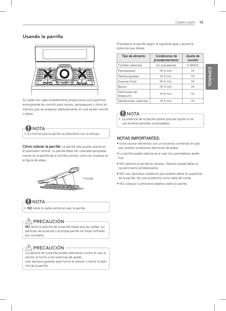 Usando la parrilla, Precaución, Nota | Esp añol | LG LSRG309ST User Manual | Page 59 / 92