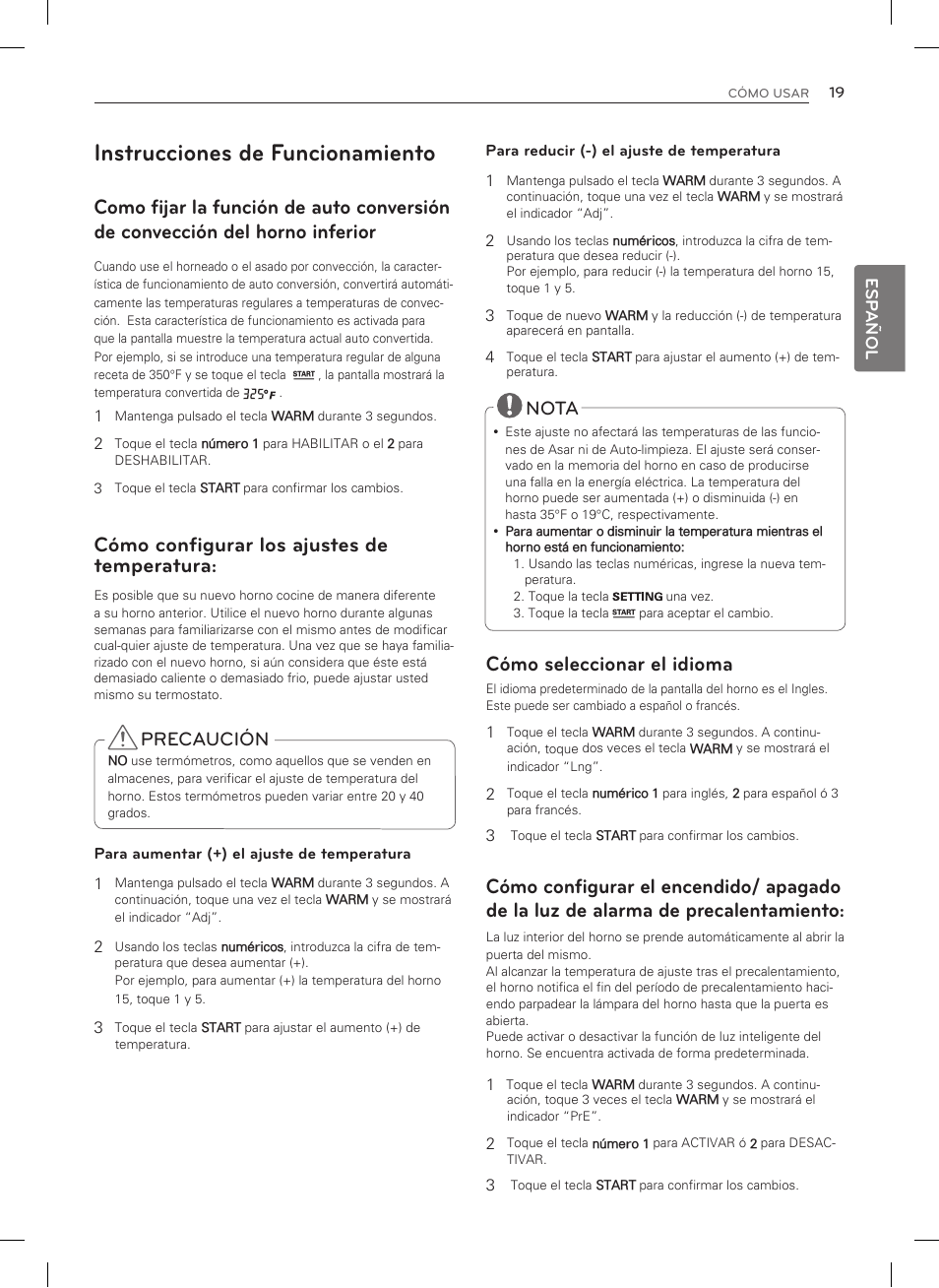 Instrucciones de funcionamiento, Cómo seleccionar el idioma, Cómo configurar los ajustes de temperatura | Precaución, Nota, Esp añol | LG LSRG309ST User Manual | Page 63 / 92