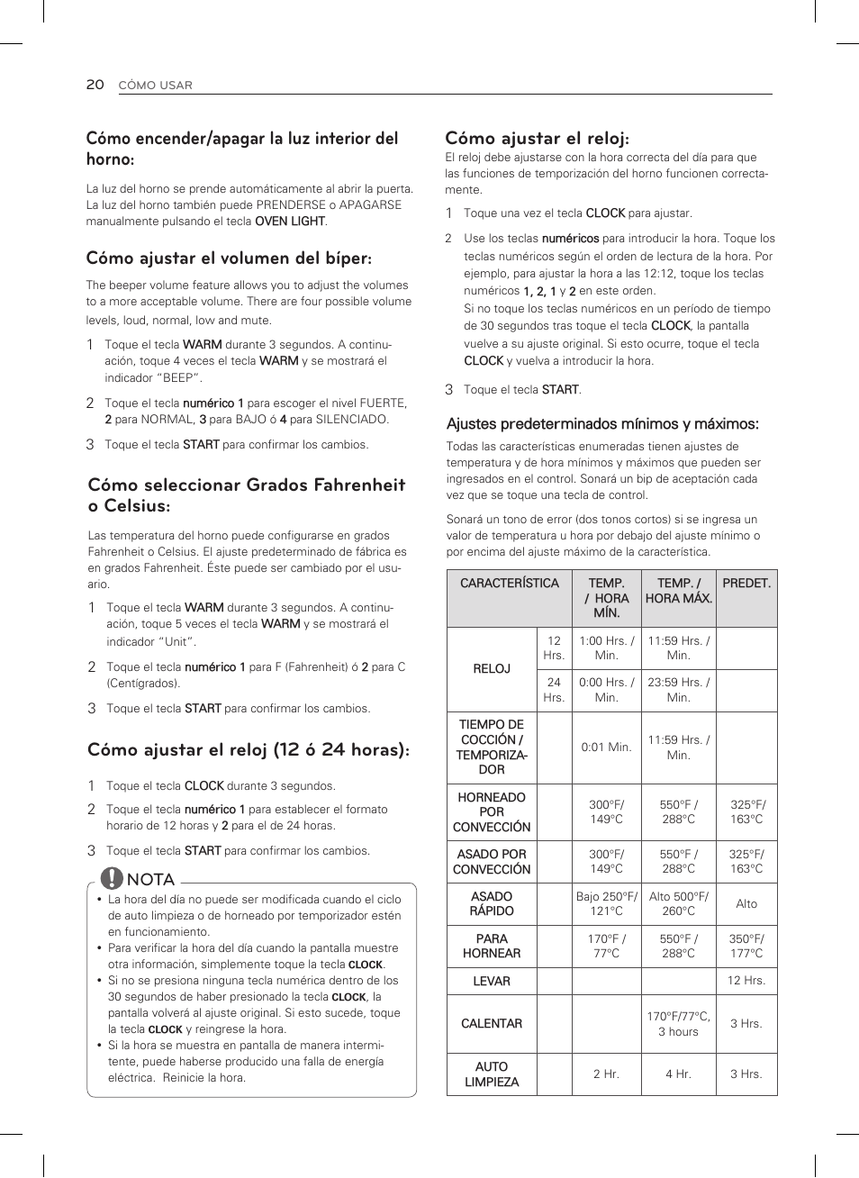 Cómo seleccionar grados fahrenheit o celsius, Cómo encender/apagar la luz interior del horno, Cómo ajustar el volumen del bíper | Cómo ajustar el reloj (12 ó 24 horas), Cómo ajustar el reloj, Nota | LG LSRG309ST User Manual | Page 64 / 92