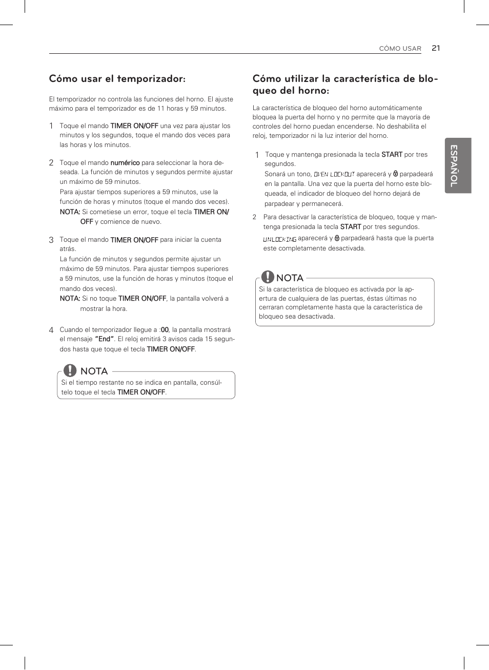 Cómo usar el temporizador, Nota, Esp añol | LG LSRG309ST User Manual | Page 65 / 92