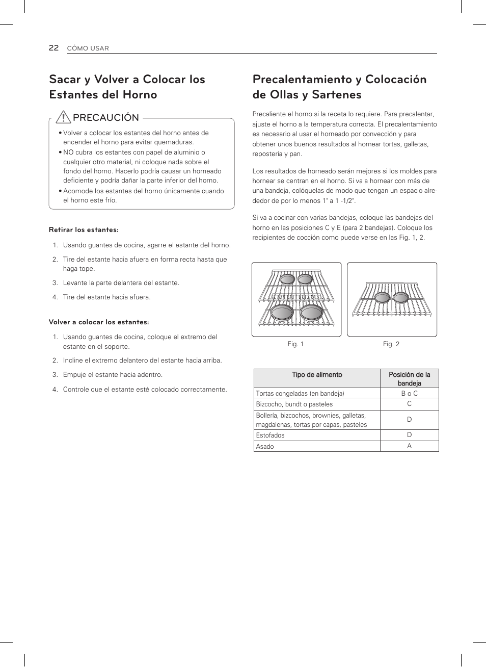Precalentamiento y colocación de ollas y sartenes, Sacar y volver a colocar los estantes del horno, Precaución | LG LSRG309ST User Manual | Page 66 / 92