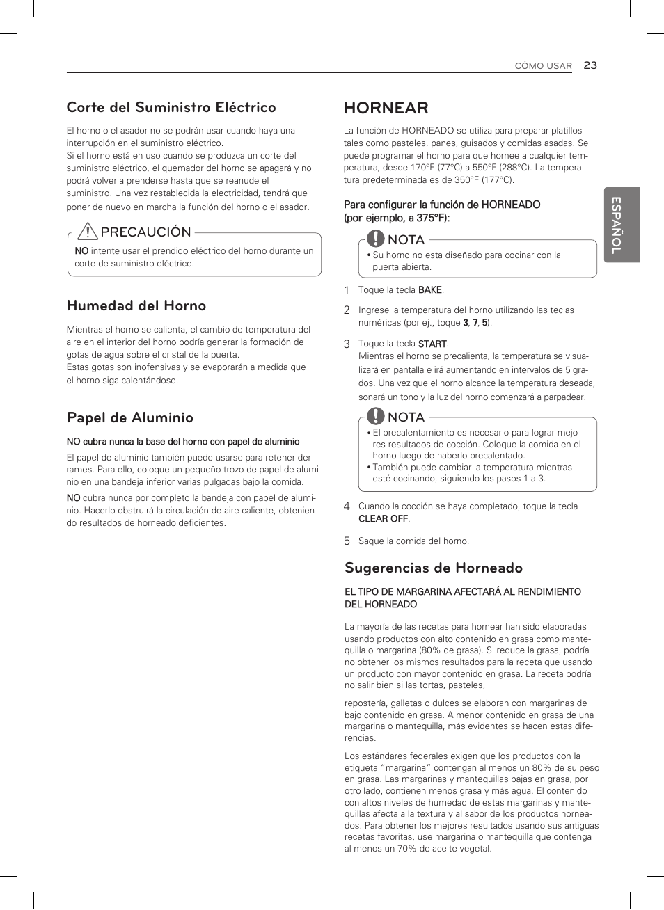 Hornear, Corte del suministro eléctrico, Humedad del horno | Papel de aluminio, Sugerencias de horneado, Precaución, Nota | LG LSRG309ST User Manual | Page 67 / 92