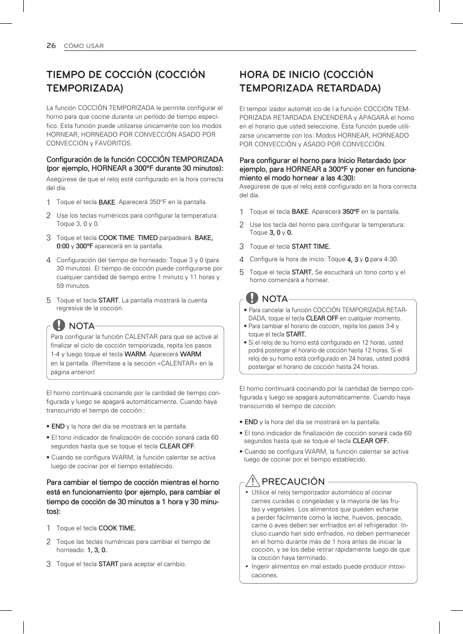 Tiempo de cocción (cocción temporizada), Hora de inicio (cocción temporizada retardada), Nota | Precaución | LG LSRG309ST User Manual | Page 70 / 92
