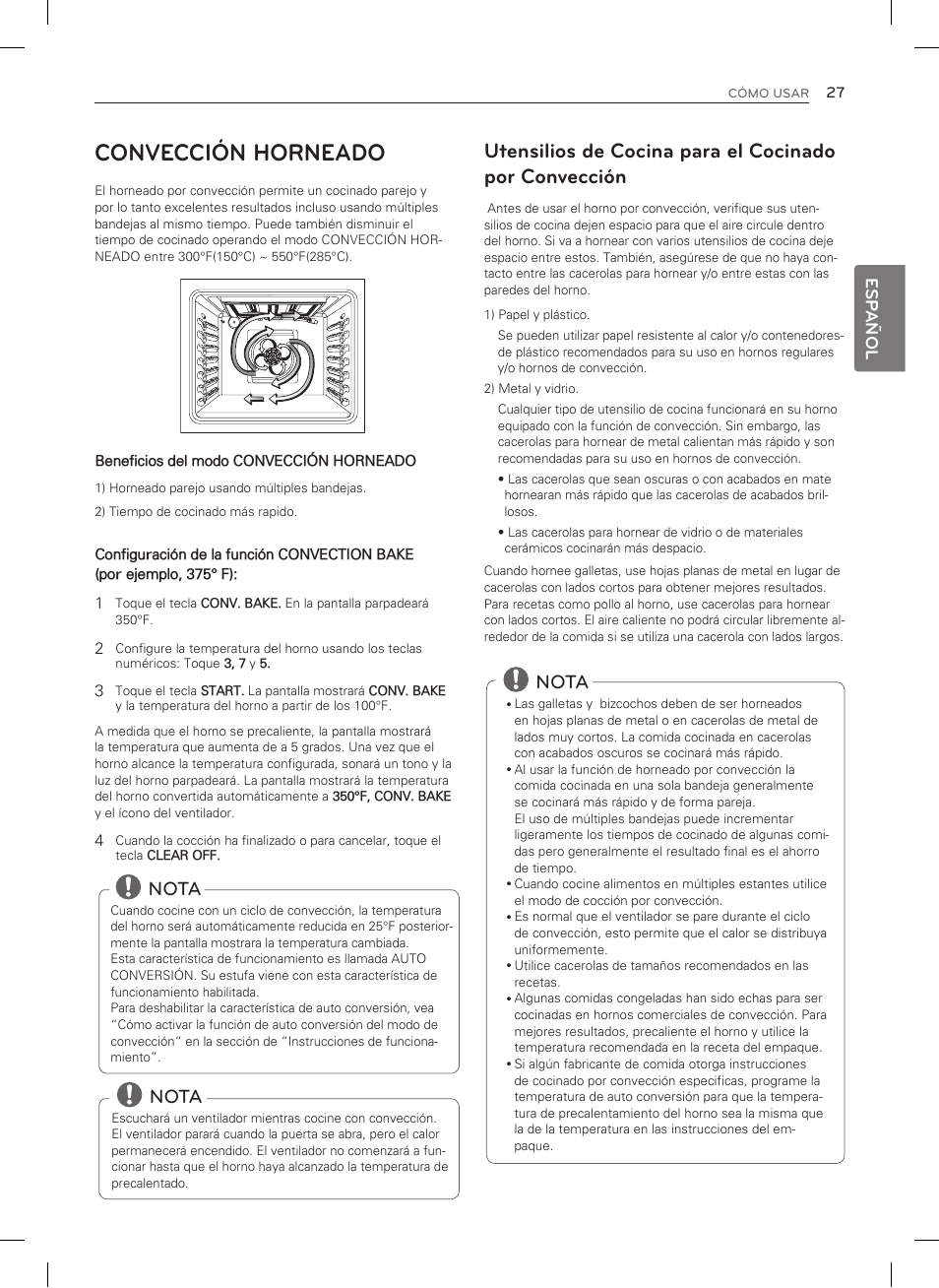 Convección horneado, Nota | LG LSRG309ST User Manual | Page 71 / 92