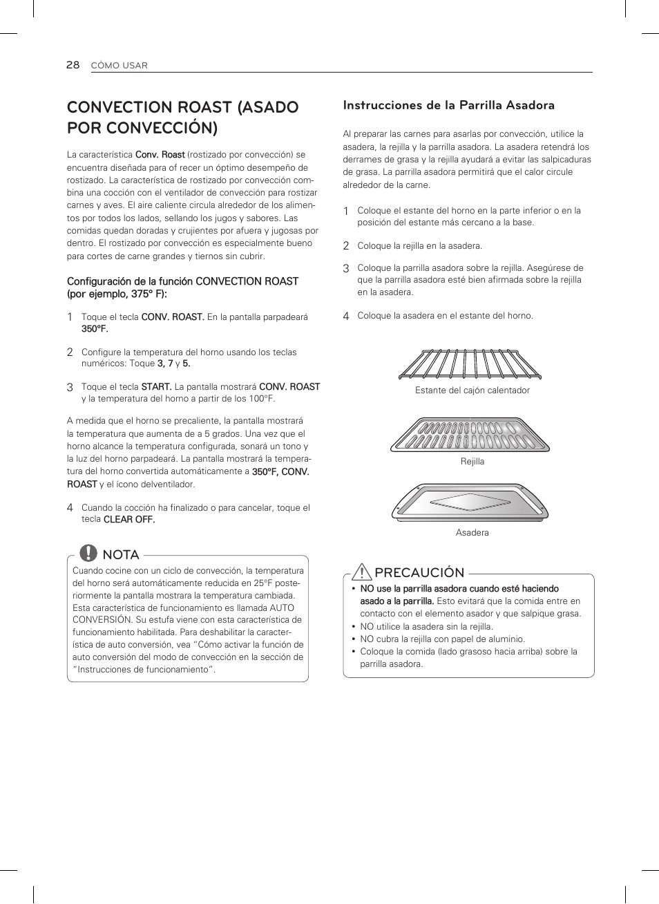 Convection roast (asado por convección), Instrucciones de la parrilla asadora, Precaución | Nota | LG LSRG309ST User Manual | Page 72 / 92