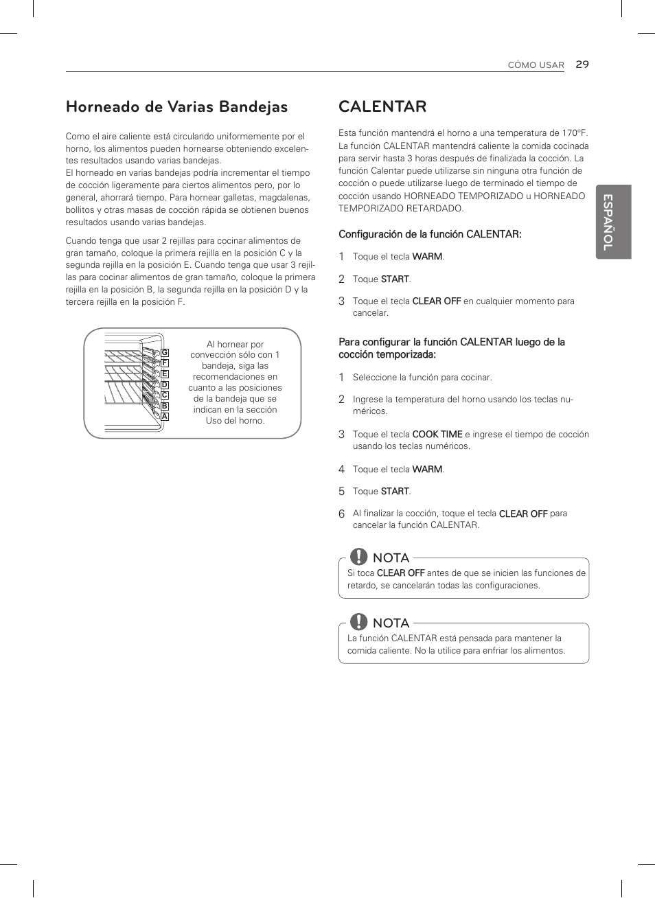 Horneado de varias bandejas, Calentar, Nota | Esp añol | LG LSRG309ST User Manual | Page 73 / 92