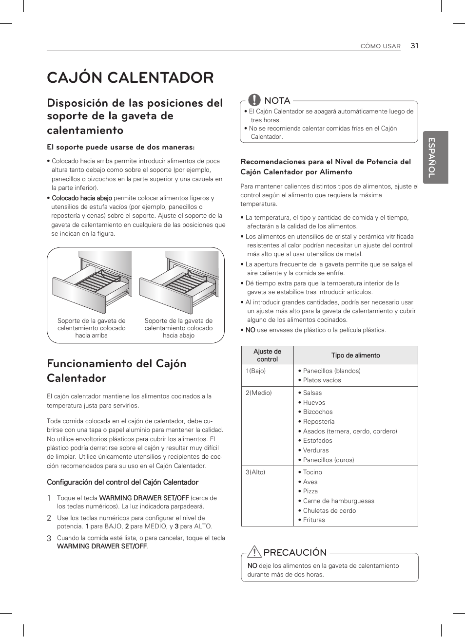 Cajón calentador, Funcionamiento del cajón calentador, Nota | Precaución | LG LSRG309ST User Manual | Page 75 / 92