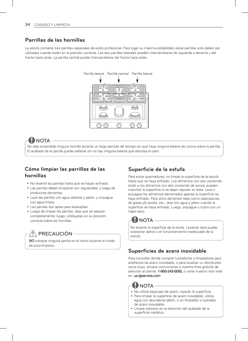 Parrillas de las hornillas, Cómo limpiar las parrillas de las hornillas, Superficie de la estufa | Superficies de acero inoxidable, Nota, Precaución | LG LSRG309ST User Manual | Page 78 / 92
