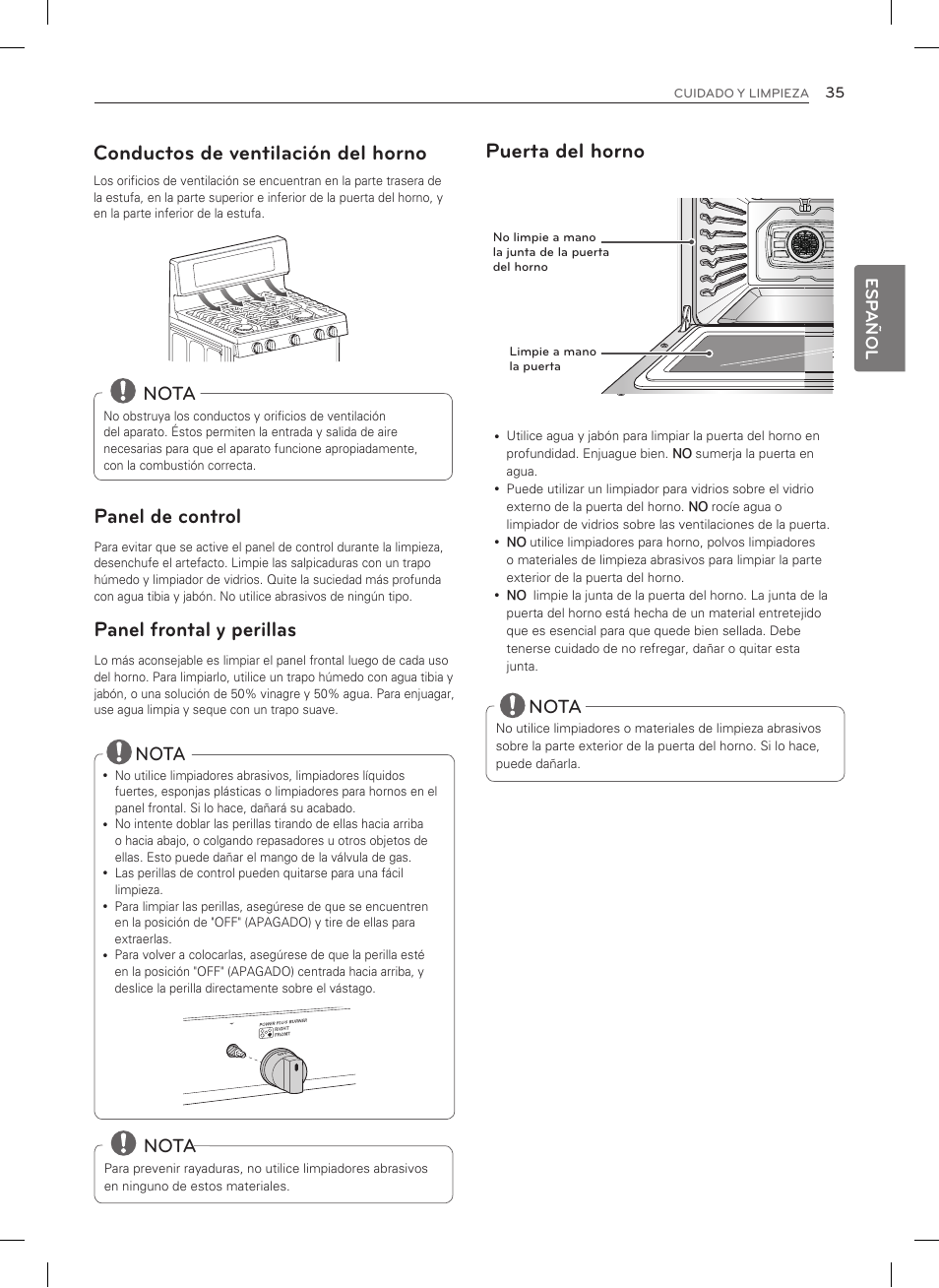 Conductos de ventilación del horno, Panel de control, Panel frontal y perillas | Puerta del horno, Nota | LG LSRG309ST User Manual | Page 79 / 92