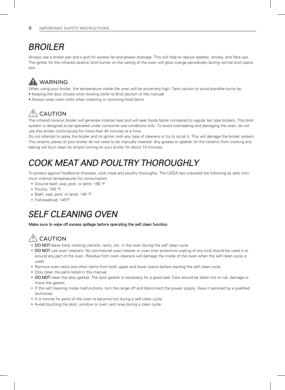 Broiler, Cook meat and poultry thoroughly, Self cleaning oven | Warning, Caution | LG LSRG309ST User Manual | Page 8 / 92