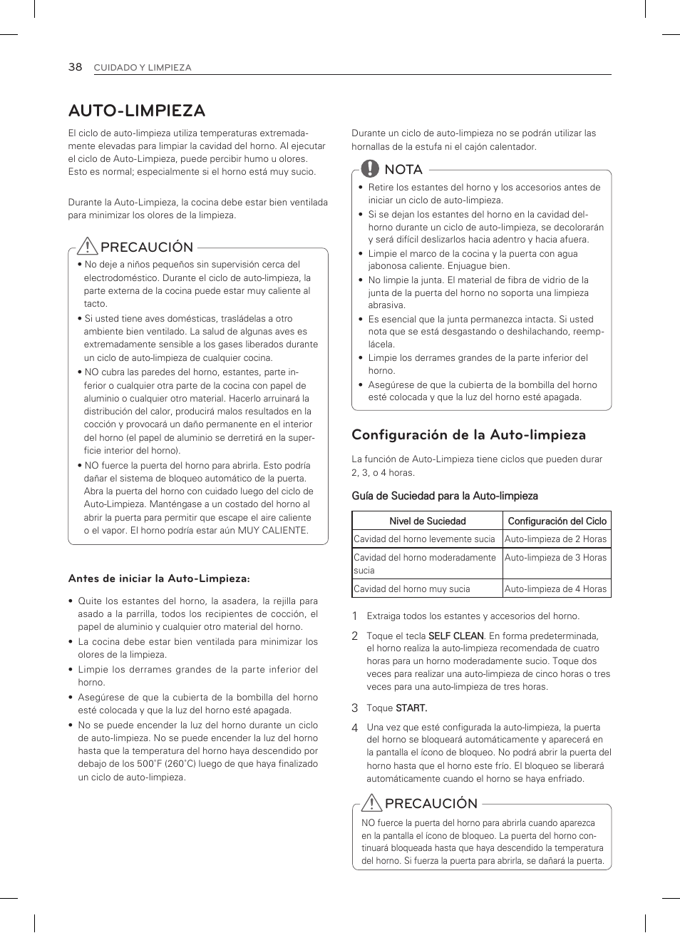 Auto-limpieza, Configuración de la auto-limpieza, Precaución | Nota | LG LSRG309ST User Manual | Page 82 / 92