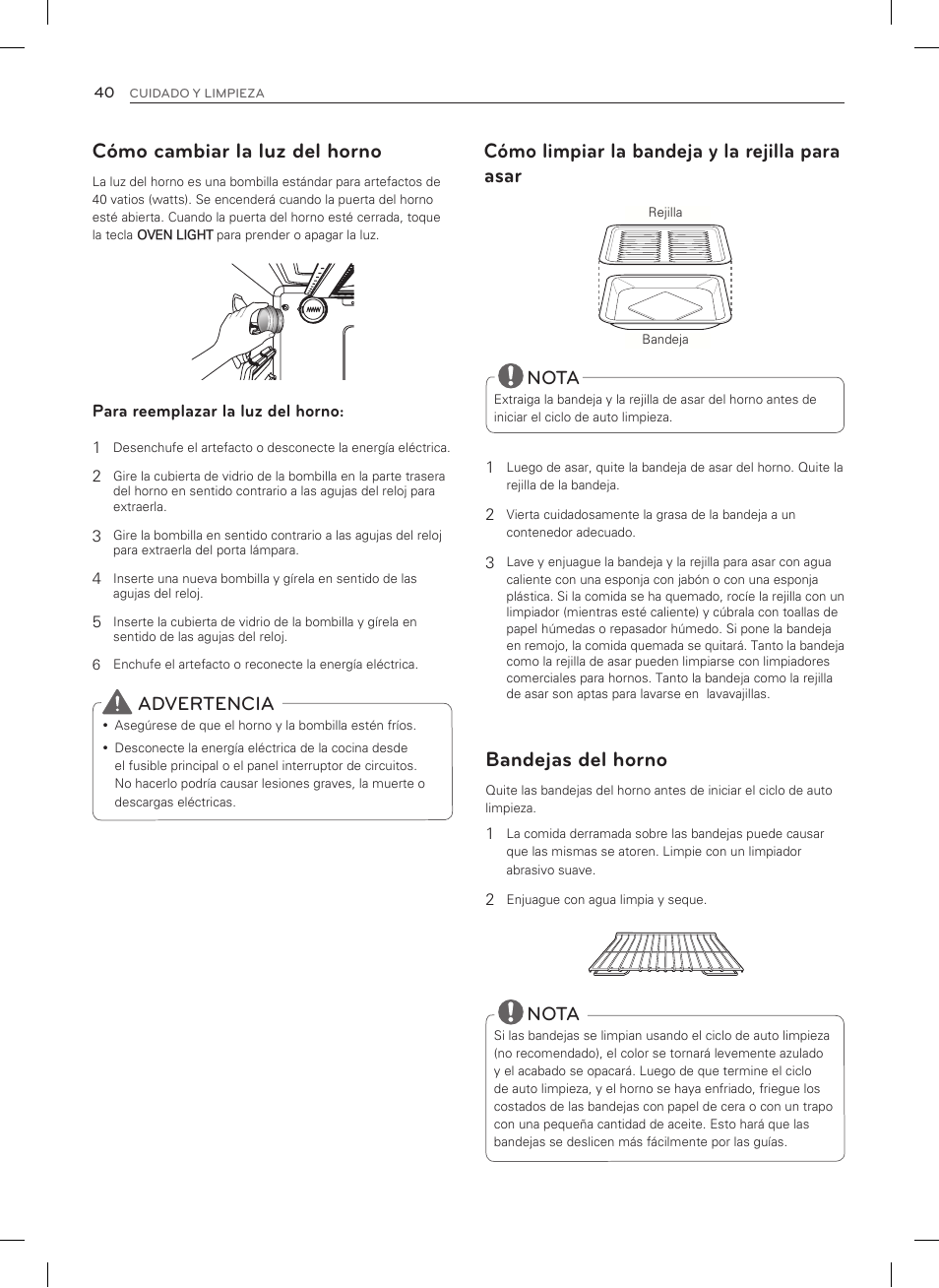 Cómo cambiar la luz del horno, Bandejas del horno, Cómo limpiar la bandeja y la rejilla para asar | Nota, Advertencia | LG LSRG309ST User Manual | Page 84 / 92