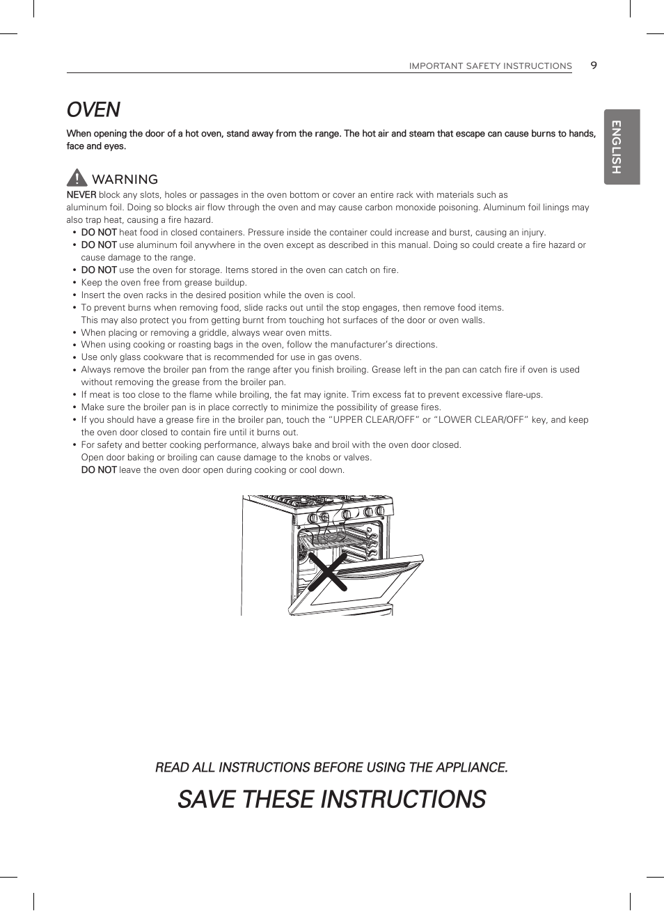Save these instructions, Oven, Warning | English, Read all instructions before using the appliance | LG LSRG309ST User Manual | Page 9 / 92