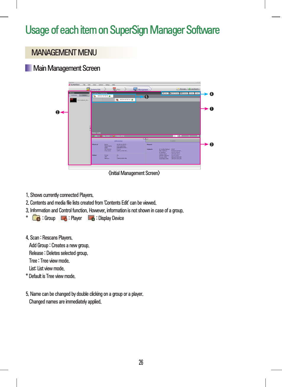 Management menu, Main management screen, Usage of each item on supersign manager software | LG NC1000 User Manual | Page 29 / 58