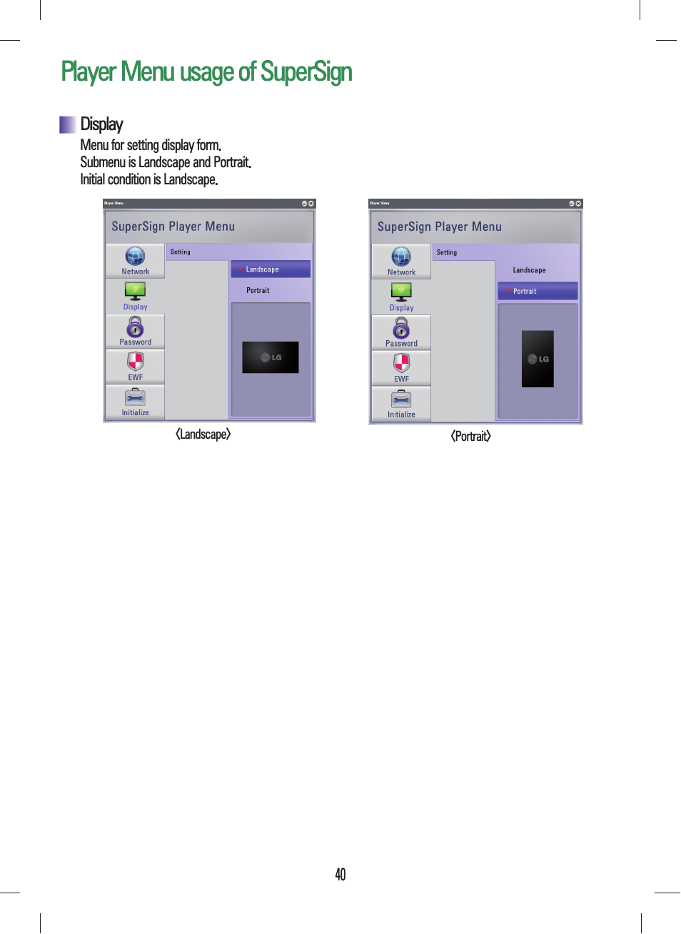 Display, Player menu usage of supersign | LG NC1000 User Manual | Page 43 / 58
