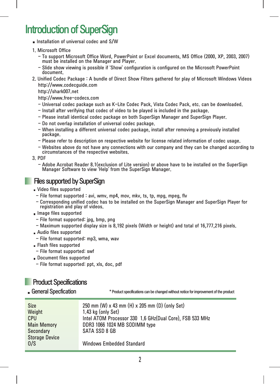 Files supported by supersign, Product specifications, Introduction of supersign | LG NC1000 User Manual | Page 5 / 58