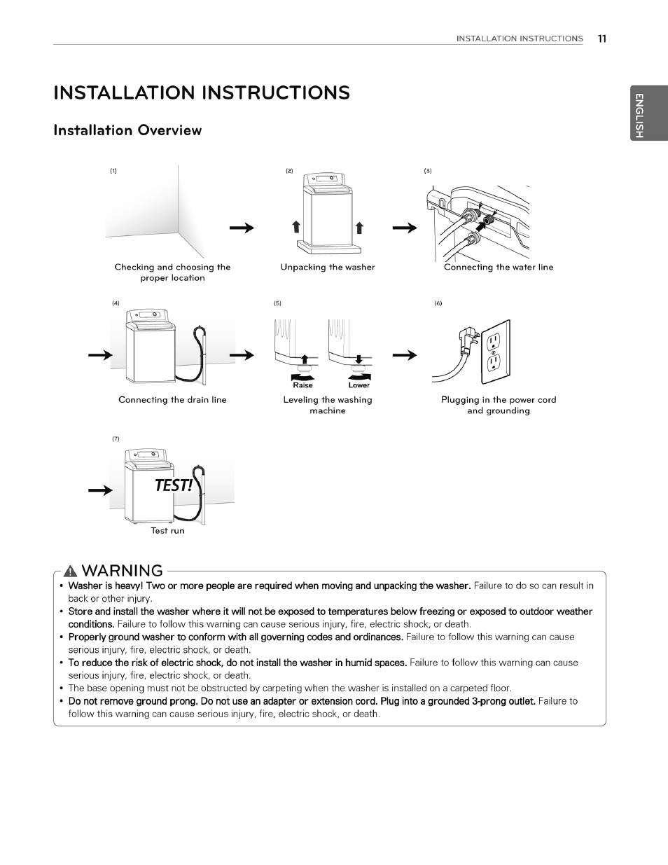 Installation instructions, Installation overview, A warning | Warning | LG WT4970CW User Manual | Page 11 / 76