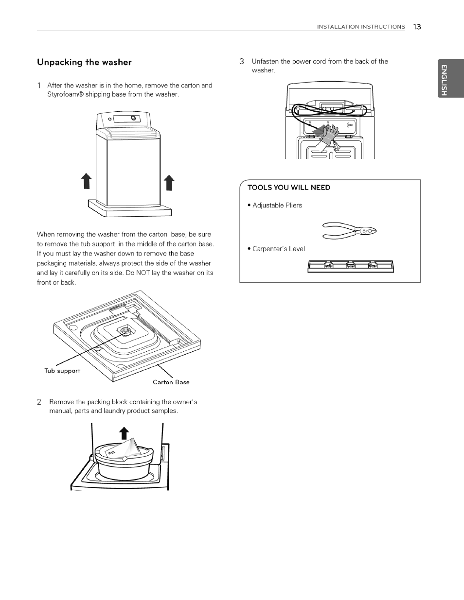 Unpacking the washer | LG WT4970CW User Manual | Page 13 / 76