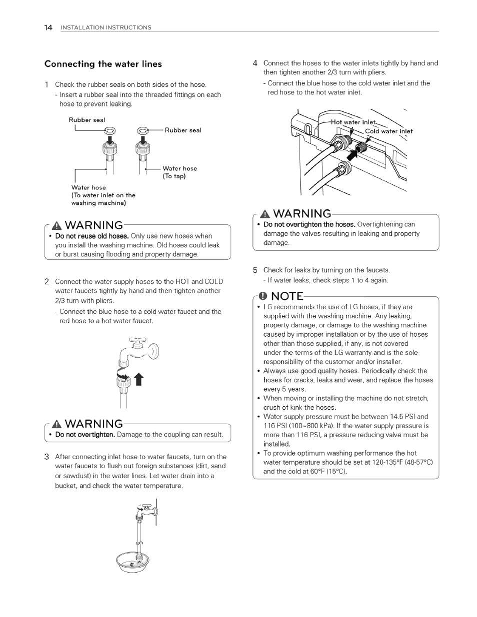 Connecting the water lines, Warning | LG WT4970CW User Manual | Page 14 / 76