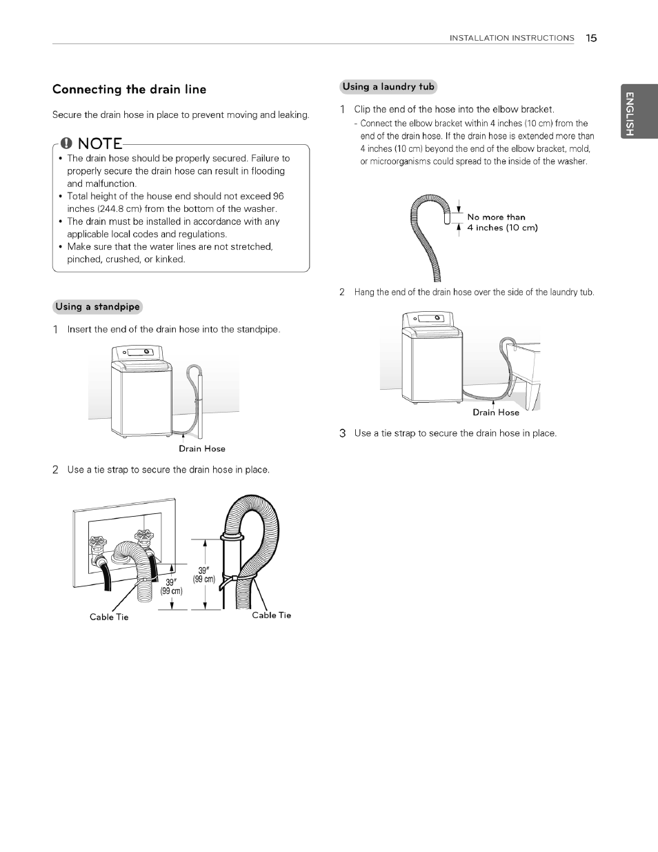 Connecting the drain line, O note | LG WT4970CW User Manual | Page 15 / 76