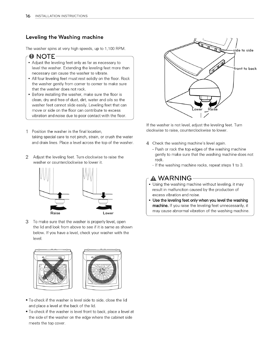 Leveling the washing machine, Note, A warning | Warning | LG WT4970CW User Manual | Page 16 / 76