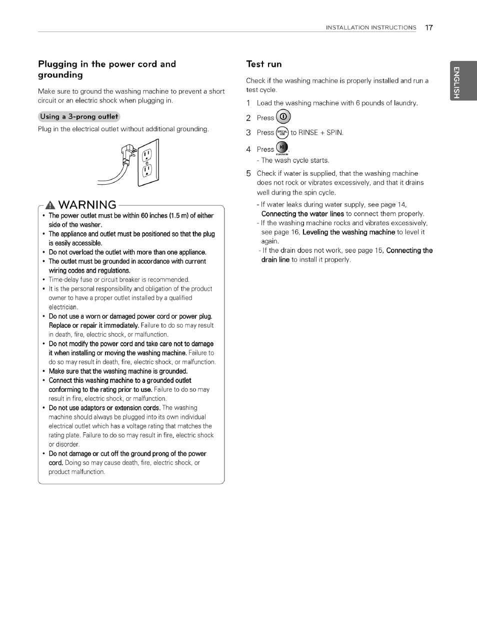 Plugging in the power cord and grounding, A warning, Test run | Warning | LG WT4970CW User Manual | Page 17 / 76