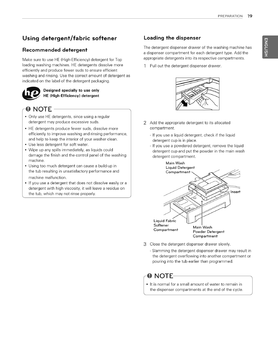 Using detergent/fabric softener, Recommended detergent, Note | Loading the dispenser | LG WT4970CW User Manual | Page 19 / 76