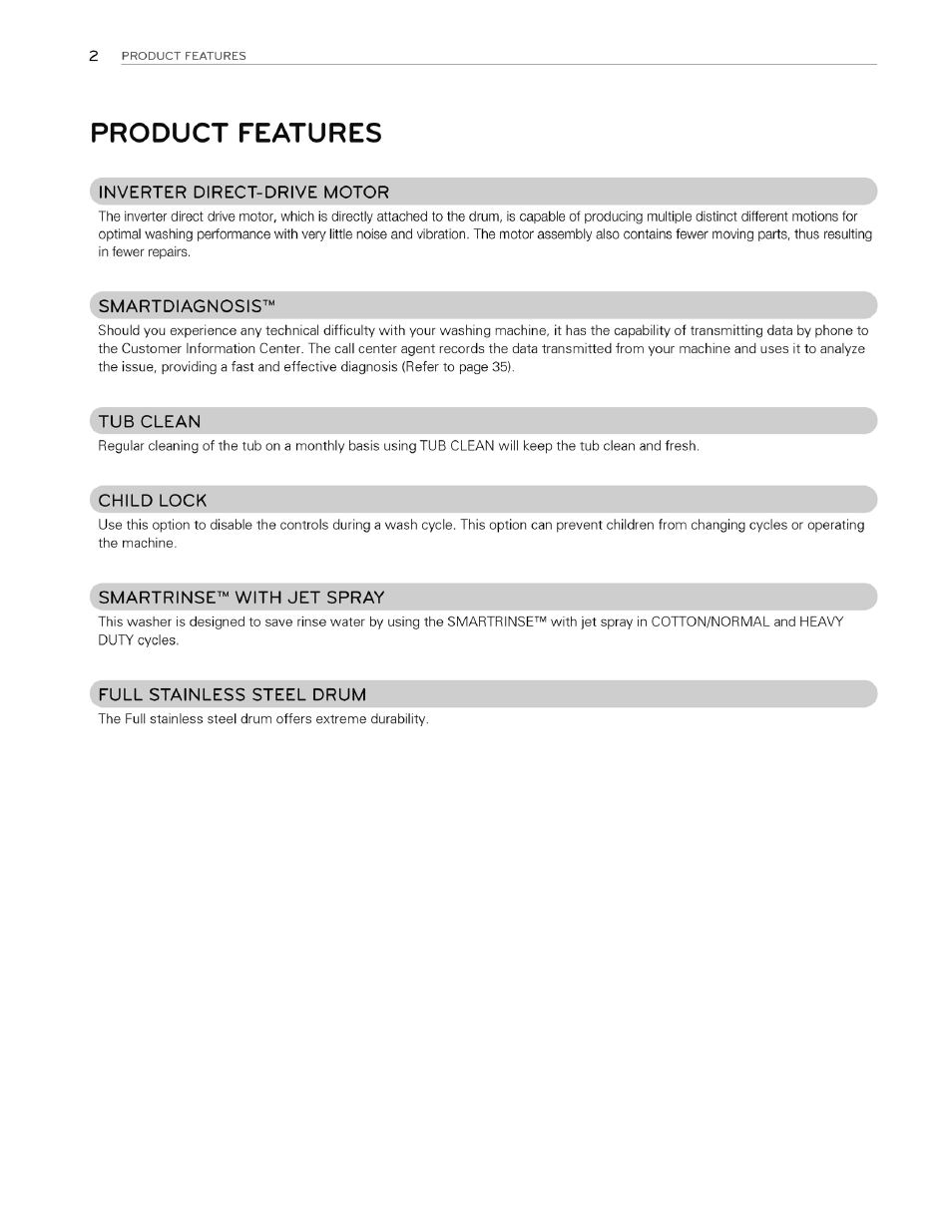 Product features | LG WT4970CW User Manual | Page 2 / 76
