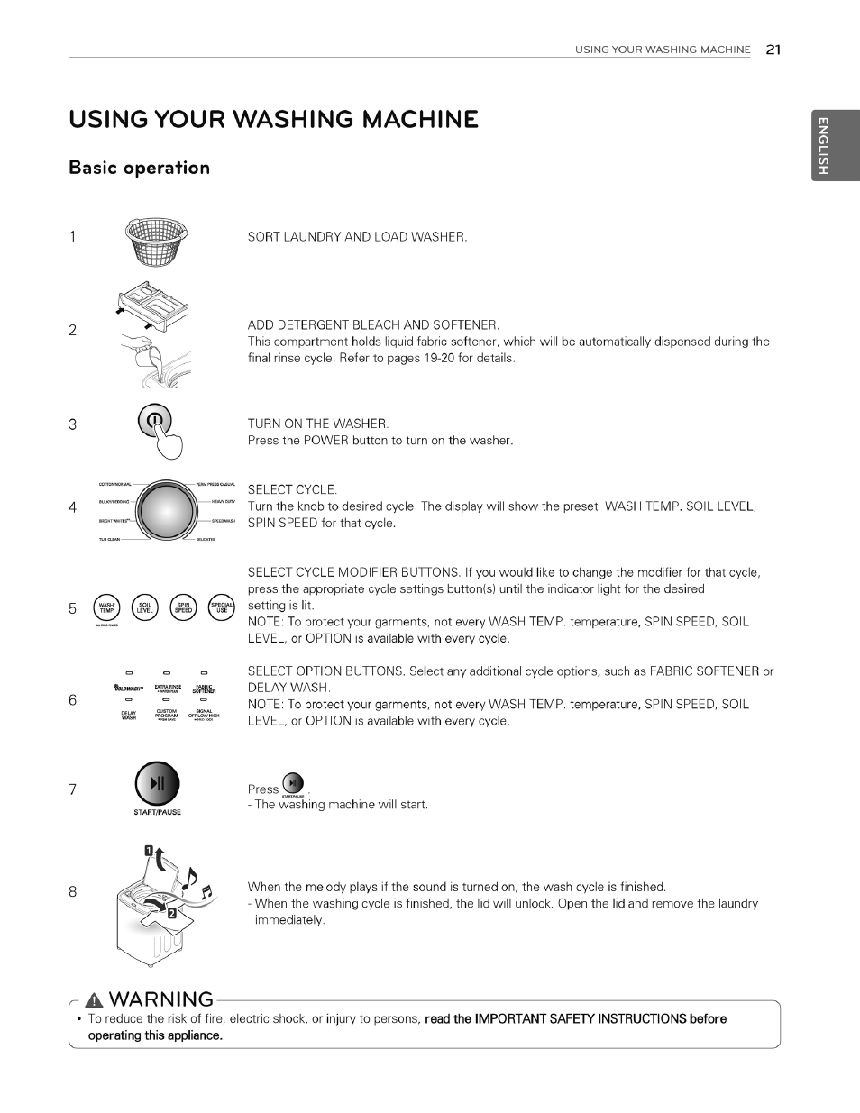 Using your washing machine, Basic operation, A warning | LG WT4970CW User Manual | Page 21 / 76