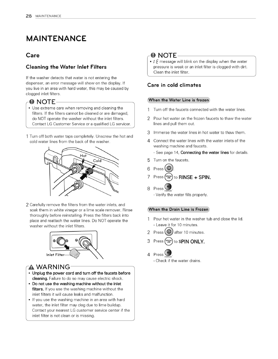 Maintenance, Care, Cleaning the water inlet filters | Note, A warning, Care in cold climates, Warning, Rinse + spin | LG WT4970CW User Manual | Page 28 / 76