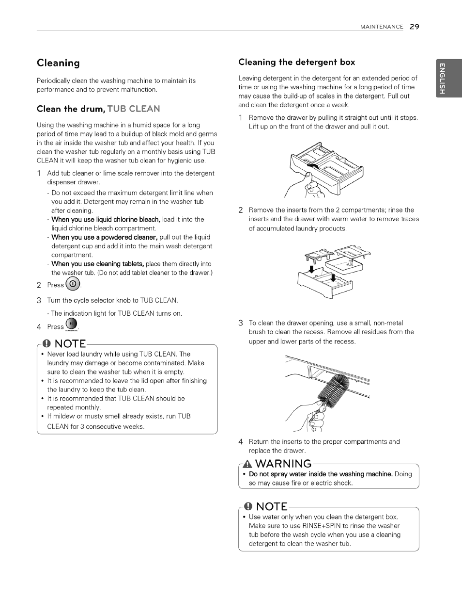 Cleaning, Clean the drum, tub clean, Ro note | Cleaning the detergent box, A warning, Note, Warning | LG WT4970CW User Manual | Page 29 / 76
