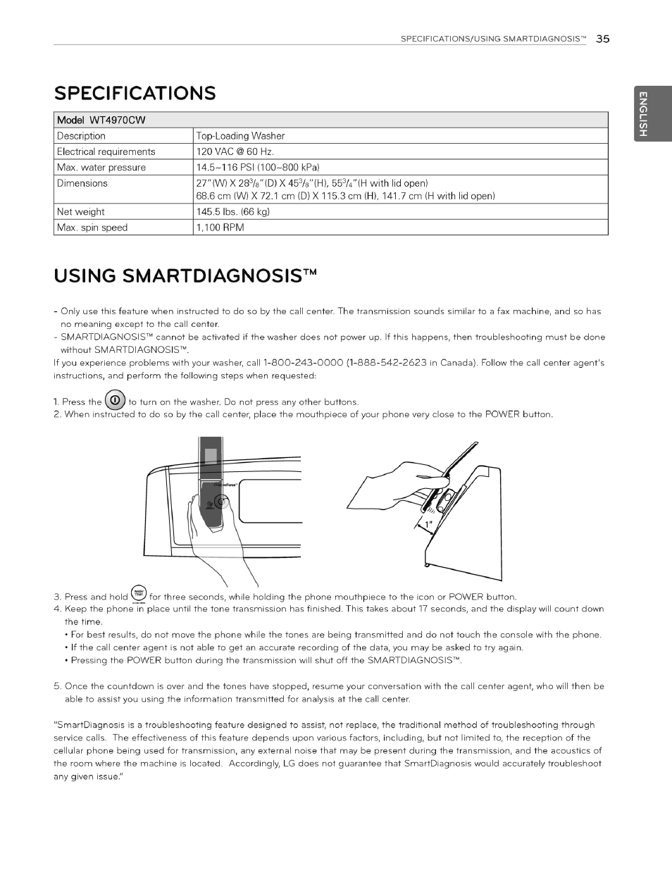 Specifications, Using smartdiagnosis | LG WT4970CW User Manual | Page 35 / 76