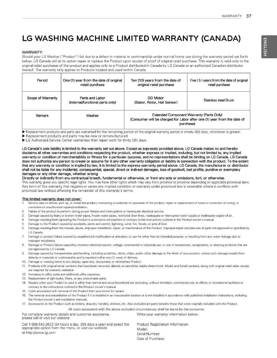 Lg washing machine limited warranty (canada) | LG WT4970CW User Manual | Page 37 / 76