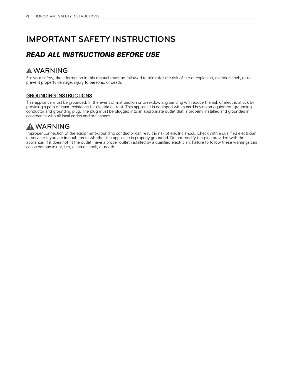 Important safety instructions, Awarning, Read all instructions before use | LG WT4970CW User Manual | Page 4 / 76