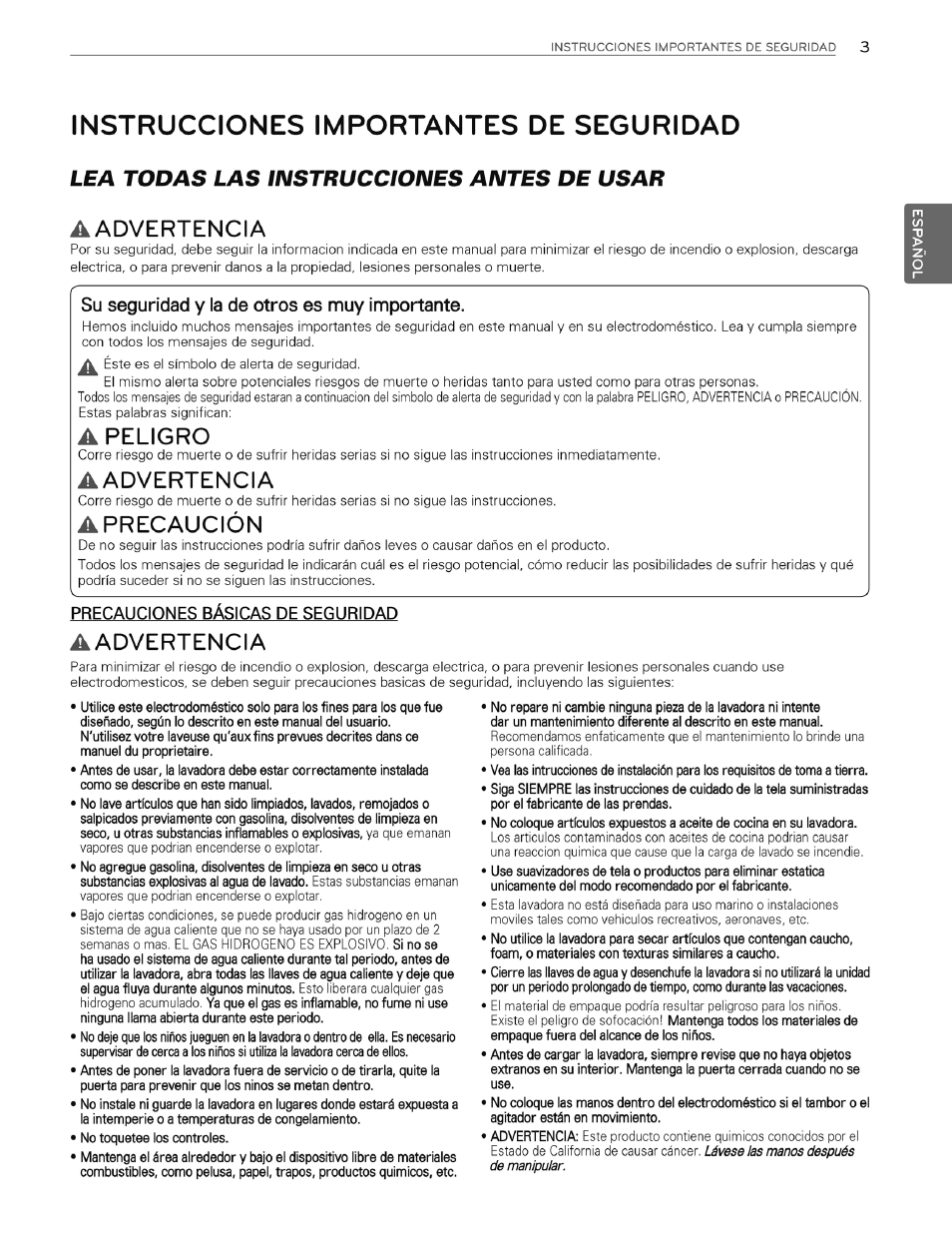 Instrucciones importantes de seguridad, Aadvertencia, Su seguridad y la de otros es muy importante | Apeligro, A precaución, Precauciones básicas de seguridad, Lea todas las instrucciones antes de usar, Precaución | LG WT4970CW User Manual | Page 41 / 76