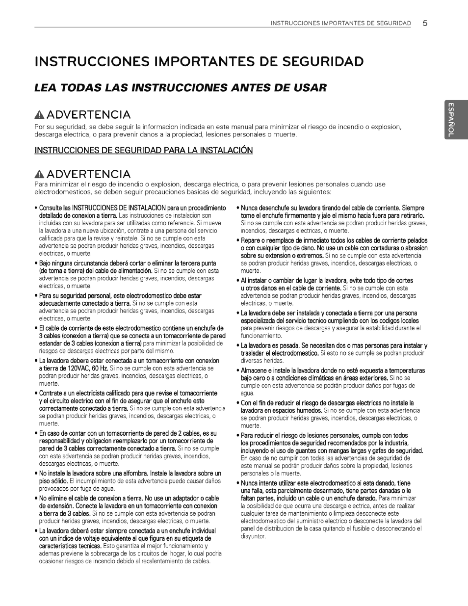 Instrucciones importantes de seguridad, Aadvertencia, Instrucciones de seguridad para la instalación | Lea todas las instrucciones antes de usar | LG WT4970CW User Manual | Page 43 / 76