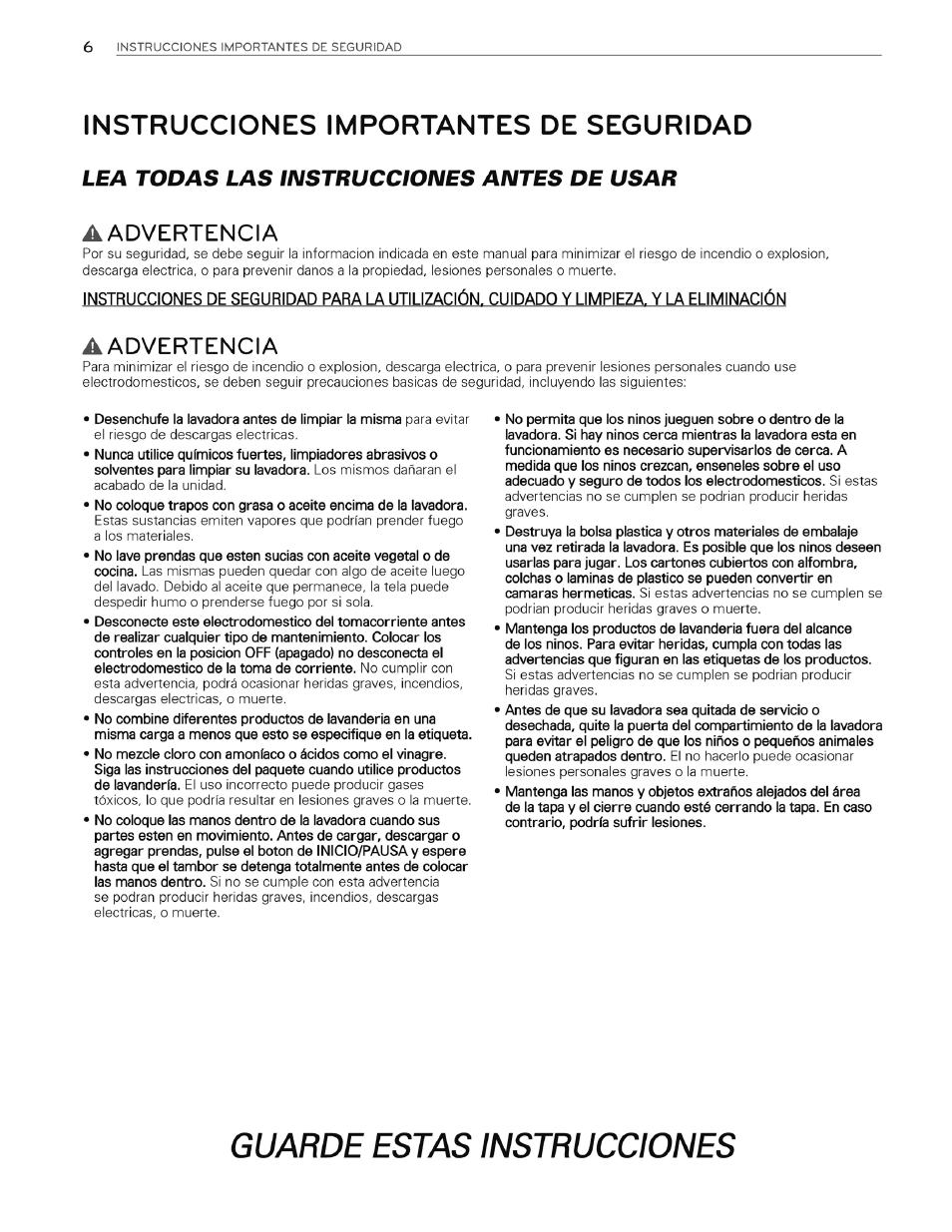 Instrucciones importantes de seguridad, Aadvertencia, Guarde estas instrucciones | Lea todas las instrucciones antes de usar | LG WT4970CW User Manual | Page 44 / 76