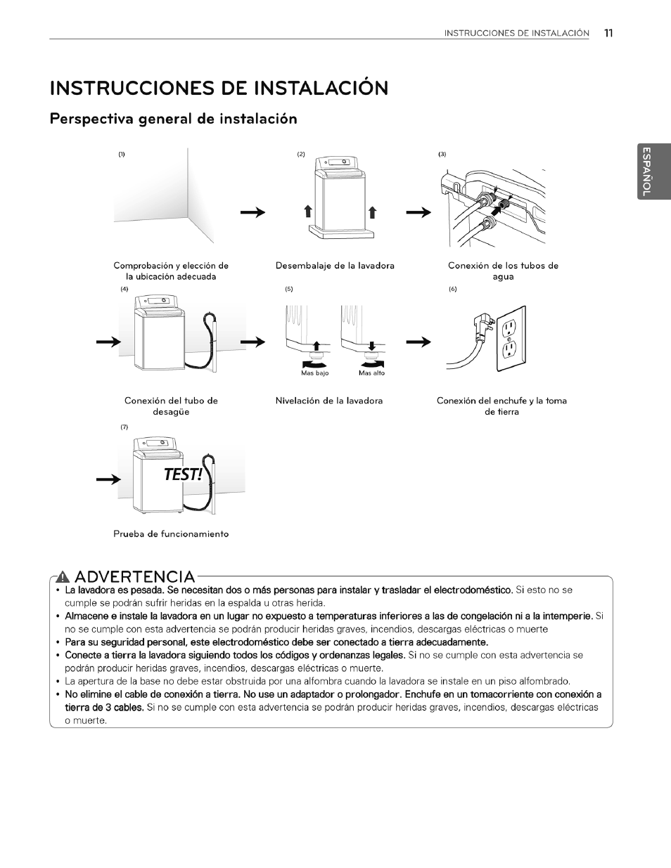 Instrucciones de instalacion, Perspectiva general de instalación, A advertencia | Advertencia | LG WT4970CW User Manual | Page 49 / 76